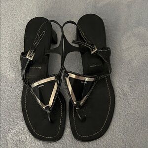 Prada Black Patent Triangle-Logo Thong Sandals with Silver Trim